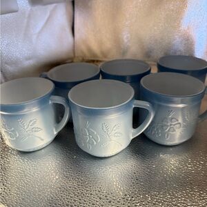 Vintage Light Blue Milk Glass Floral Embossed Mugs Set